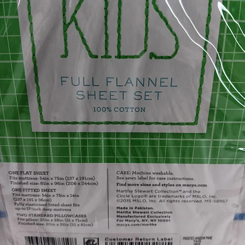 Martha Stewart Collection Flannel Full Sheet Set Kids Frosted Windowpane Cotton